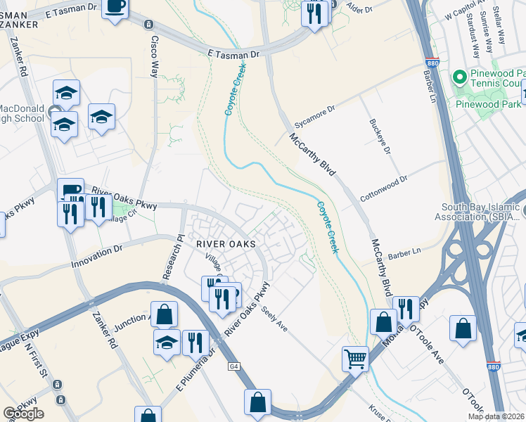 map of restaurants, bars, coffee shops, grocery stores, and more near 425 Camille Circle in San Jose