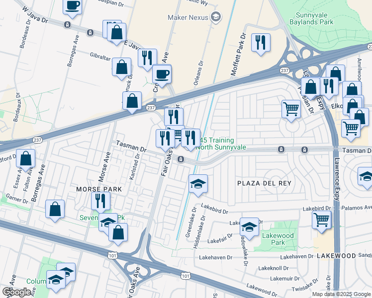 map of restaurants, bars, coffee shops, grocery stores, and more near 621 Tasman Drive in Sunnyvale