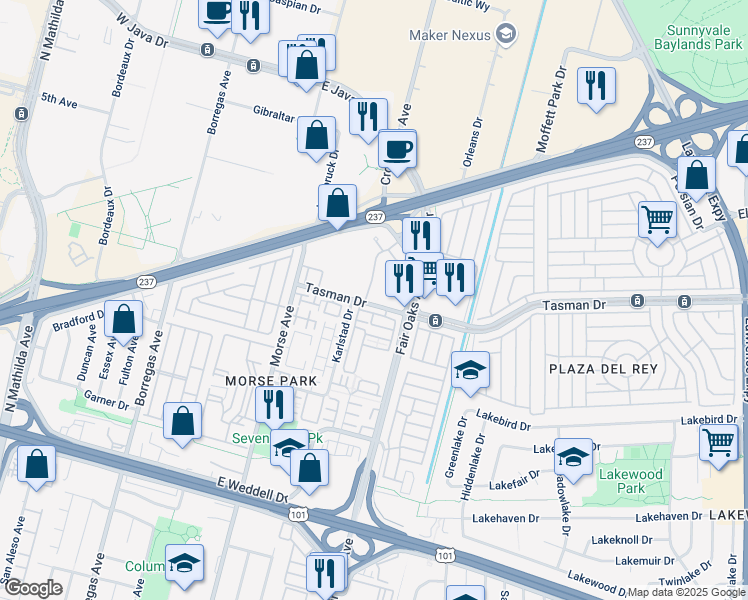 map of restaurants, bars, coffee shops, grocery stores, and more near 1156 La Rochelle Terrace in Sunnyvale