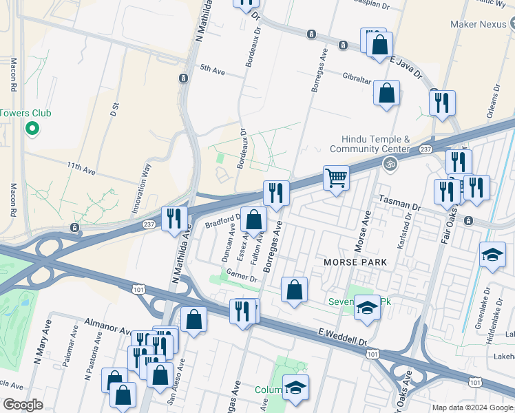 map of restaurants, bars, coffee shops, grocery stores, and more near 160 Persian Drive in Sunnyvale