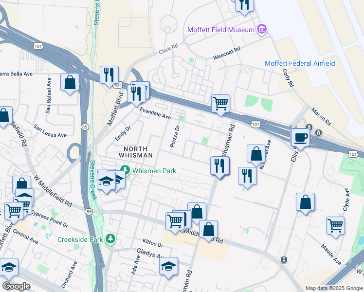 map of restaurants, bars, coffee shops, grocery stores, and more near 564 Annie Laurie Street in Mountain View