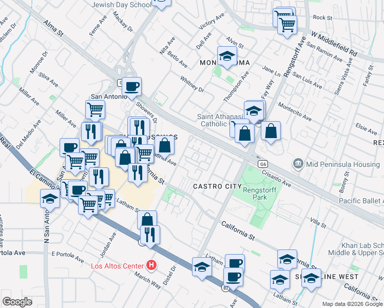 map of restaurants, bars, coffee shops, grocery stores, and more near 40 Paragon Court in Mountain View