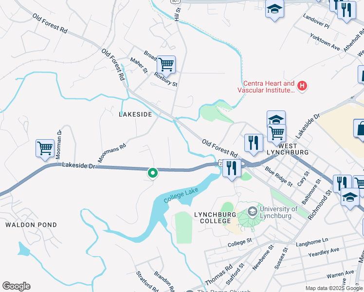 map of restaurants, bars, coffee shops, grocery stores, and more near 3504 Joel St in Lynchburg