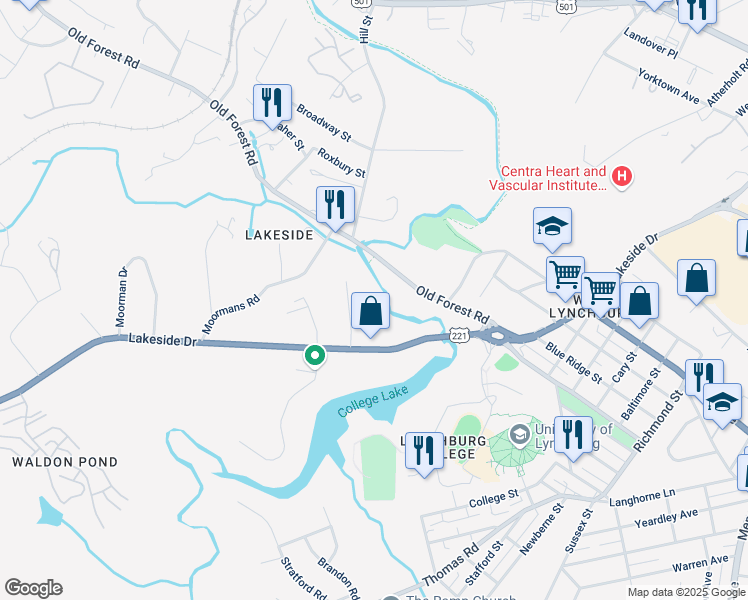 map of restaurants, bars, coffee shops, grocery stores, and more near 3504 Joel St in Lynchburg