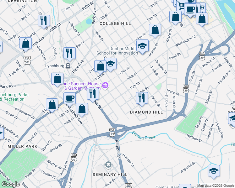 map of restaurants, bars, coffee shops, grocery stores, and more near 1500-1550 14th St in Lynchburg
