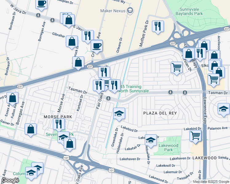 map of restaurants, bars, coffee shops, grocery stores, and more near 621 Tasman Drive in Sunnyvale
