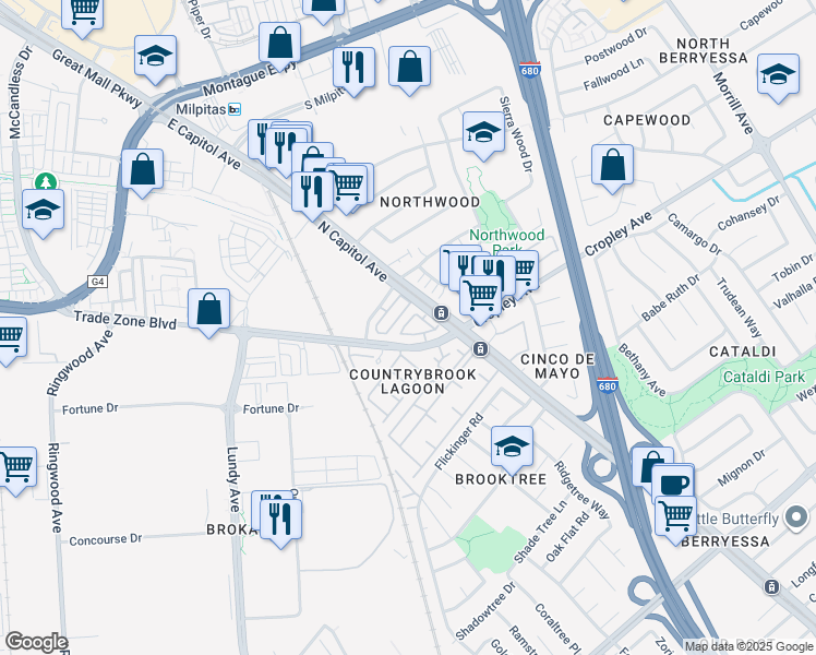 map of restaurants, bars, coffee shops, grocery stores, and more near 2546 Alveswood Circle in San Jose