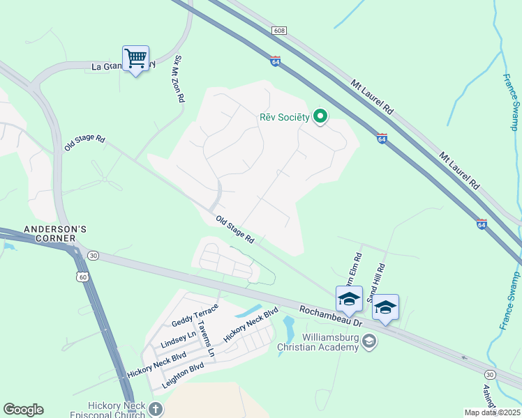 map of restaurants, bars, coffee shops, grocery stores, and more near 116 Norman Davis Drive in Toano