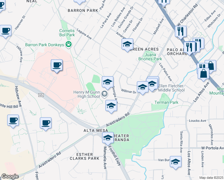 map of restaurants, bars, coffee shops, grocery stores, and more near 666 Georgia Avenue in Palo Alto