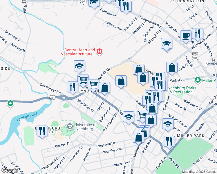 map of restaurants, bars, coffee shops, grocery stores, and more near 2 Macon Street in Lynchburg