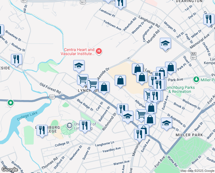 map of restaurants, bars, coffee shops, grocery stores, and more near 2 Macon Street in Lynchburg