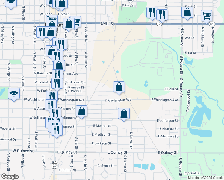 map of restaurants, bars, coffee shops, grocery stores, and more near 599 East Park Street in Pittsburg