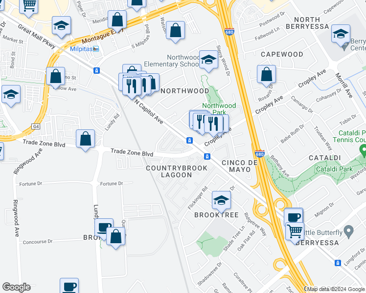 map of restaurants, bars, coffee shops, grocery stores, and more near 2506 Alveswood Circle in San Jose