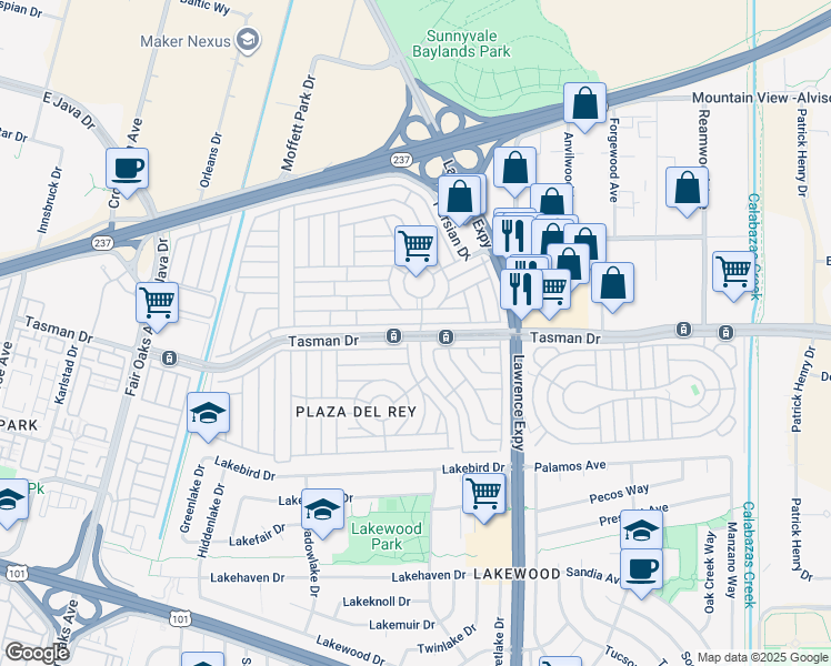 map of restaurants, bars, coffee shops, grocery stores, and more near Tasman Drive in Sunnyvale