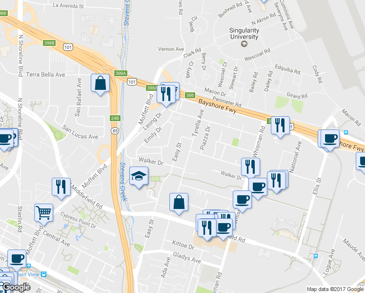 map of restaurants, bars, coffee shops, grocery stores, and more near 527 Easy Street in Mountain View