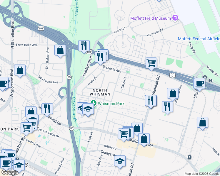 map of restaurants, bars, coffee shops, grocery stores, and more near 527 Easy Street in Mountain View