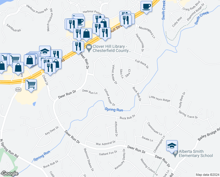 map of restaurants, bars, coffee shops, grocery stores, and more near 13703 Velvet Antler Circle in Midlothian