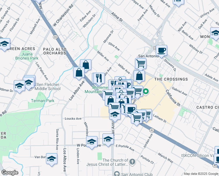map of restaurants, bars, coffee shops, grocery stores, and more near 2675 Fayette Drive in Mountain View