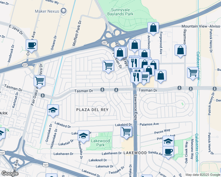 map of restaurants, bars, coffee shops, grocery stores, and more near in Sunnyvale