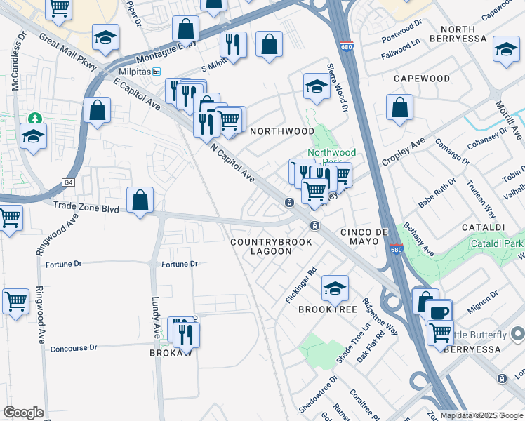 map of restaurants, bars, coffee shops, grocery stores, and more near 2215 Beech Circle in San Jose