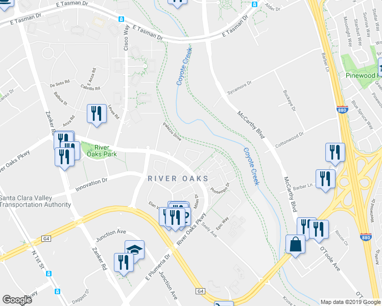 map of restaurants, bars, coffee shops, grocery stores, and more near 415 Camille Circle in San Jose