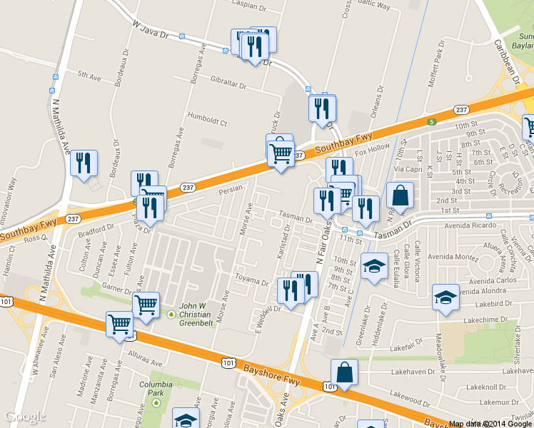 map of restaurants, bars, coffee shops, grocery stores, and more near 1185 Glin Terrace in Sunnyvale