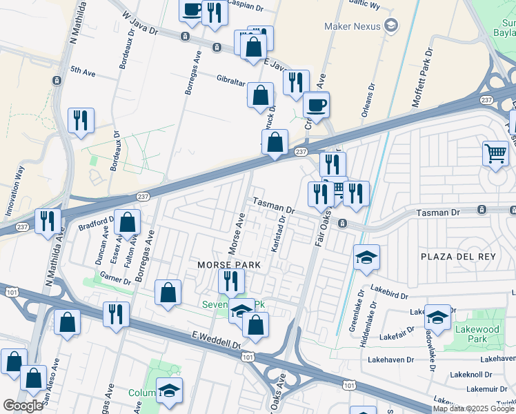 map of restaurants, bars, coffee shops, grocery stores, and more near 1187 Glin Terrace in Sunnyvale