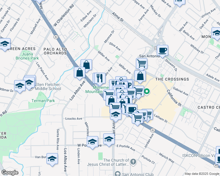 map of restaurants, bars, coffee shops, grocery stores, and more near 2675 Fayette Drive in Mountain View