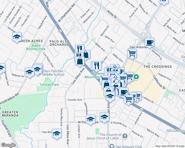 map of restaurants, bars, coffee shops, grocery stores, and more near W El Camino Real & Del Medio Ave in Los Altos