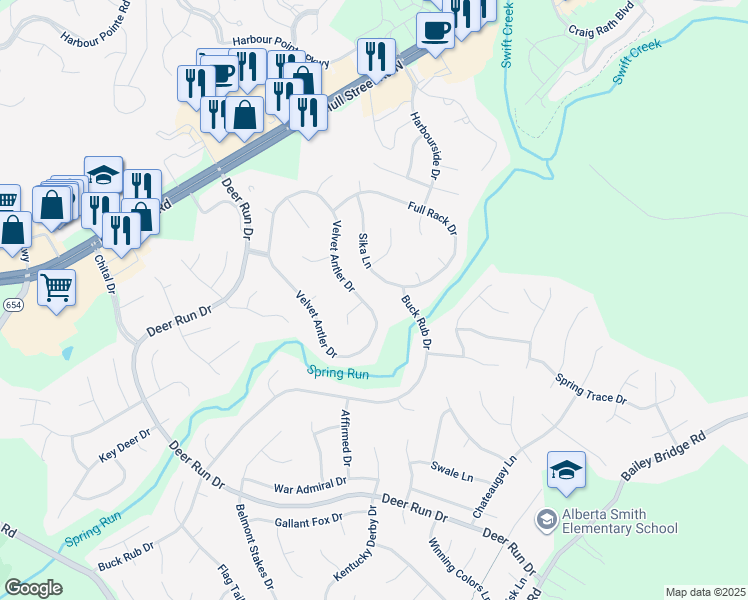 map of restaurants, bars, coffee shops, grocery stores, and more near 7160 Velvet Antler Drive in Midlothian