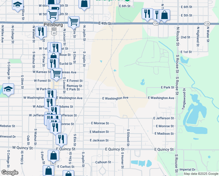 map of restaurants, bars, coffee shops, grocery stores, and more near 599 East Park Street in Pittsburg