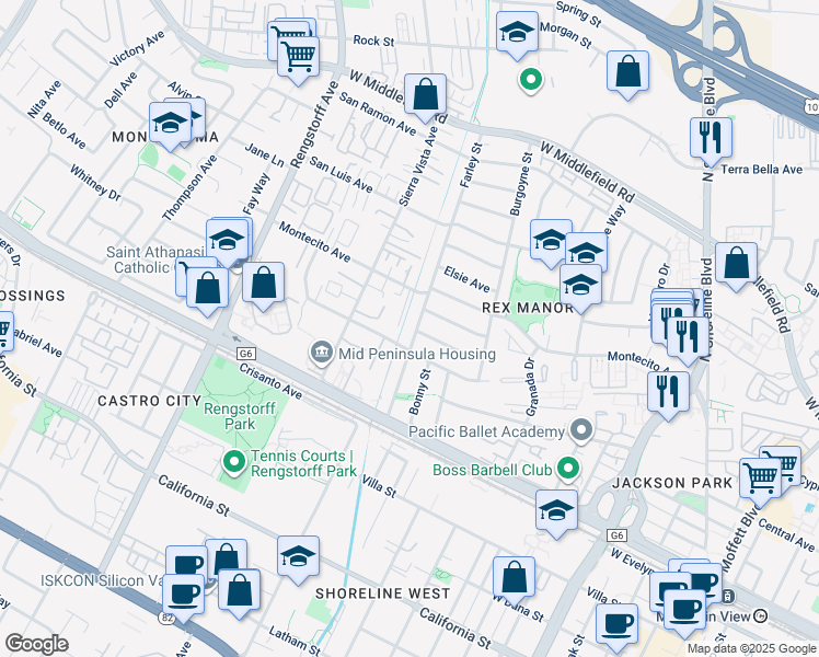 map of restaurants, bars, coffee shops, grocery stores, and more near 394 Farley Street in Mountain View