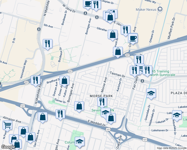 map of restaurants, bars, coffee shops, grocery stores, and more near 1111 Morse Avenue in Sunnyvale