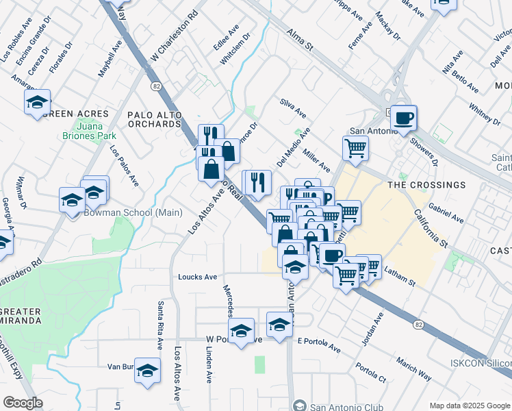 map of restaurants, bars, coffee shops, grocery stores, and more near 2690 West El Camino Real in Mountain View