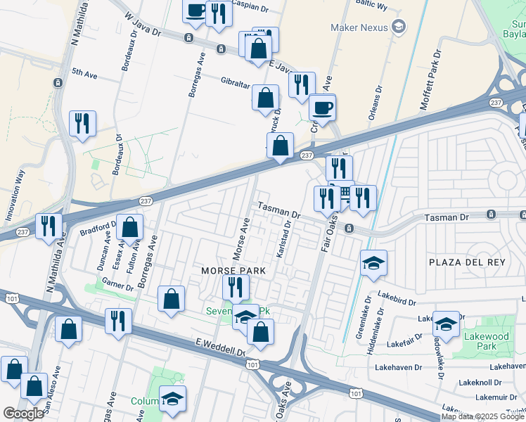 map of restaurants, bars, coffee shops, grocery stores, and more near 1187 Glin Terrace in Sunnyvale