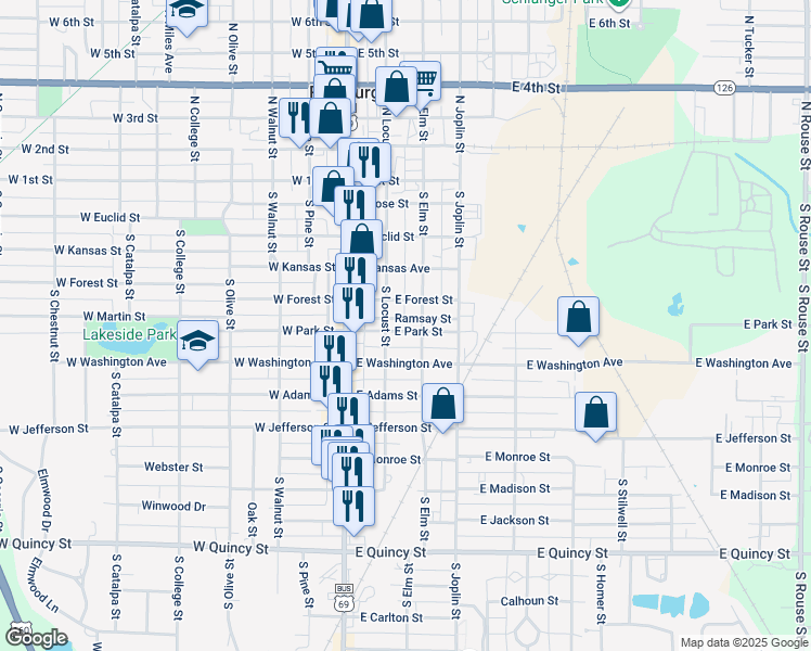 map of restaurants, bars, coffee shops, grocery stores, and more near 504 South Elm Street in Pittsburg