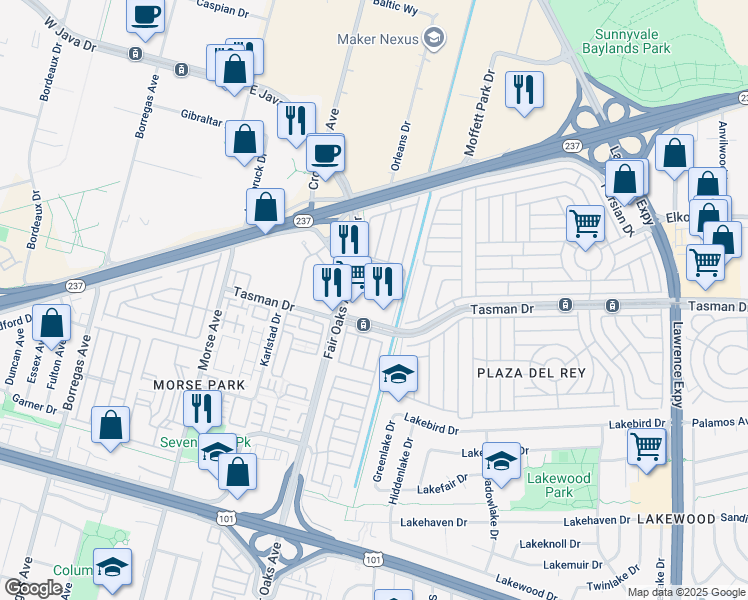 map of restaurants, bars, coffee shops, grocery stores, and more near 621 Tasman Drive in Sunnyvale