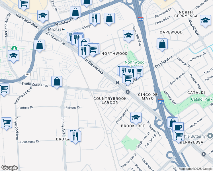 map of restaurants, bars, coffee shops, grocery stores, and more near 2215 Beech Circle in San Jose