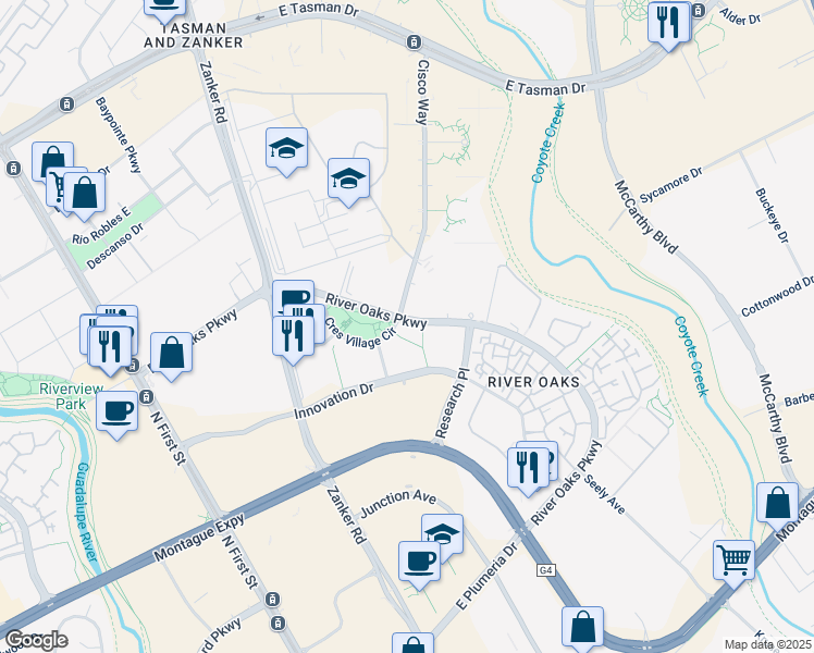 map of restaurants, bars, coffee shops, grocery stores, and more near 330 Crescent Village Circle in San Jose