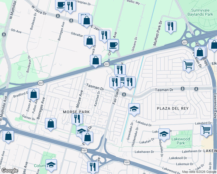 map of restaurants, bars, coffee shops, grocery stores, and more near 1148 La Rochelle Terrace in Sunnyvale