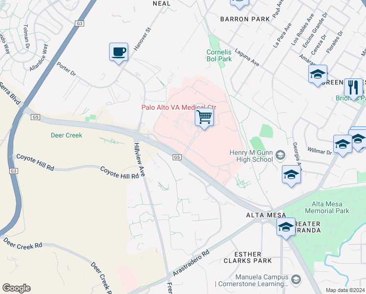 map of restaurants, bars, coffee shops, grocery stores, and more near 3801 Miranda Avenue in Palo Alto