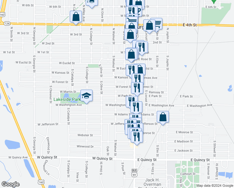 map of restaurants, bars, coffee shops, grocery stores, and more near 124 West Park Street in Pittsburg
