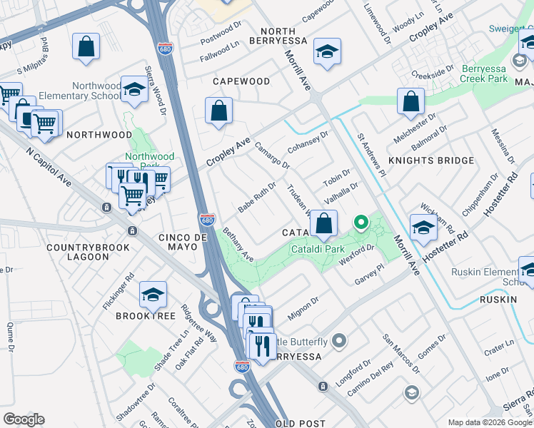 map of restaurants, bars, coffee shops, grocery stores, and more near 1831 Mayall Court in San Jose