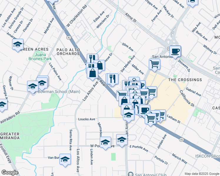 map of restaurants, bars, coffee shops, grocery stores, and more near 2690 California 82 in Mountain View