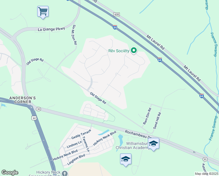 map of restaurants, bars, coffee shops, grocery stores, and more near 116 Norman Davis Drive in Toano