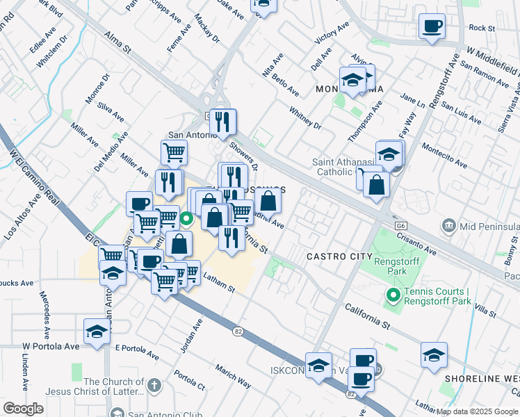 map of restaurants, bars, coffee shops, grocery stores, and more near 49 Showers Drive in Mountain View