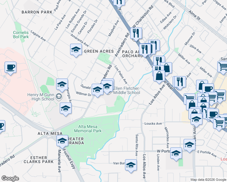 map of restaurants, bars, coffee shops, grocery stores, and more near 4247 Pomona Avenue in Palo Alto