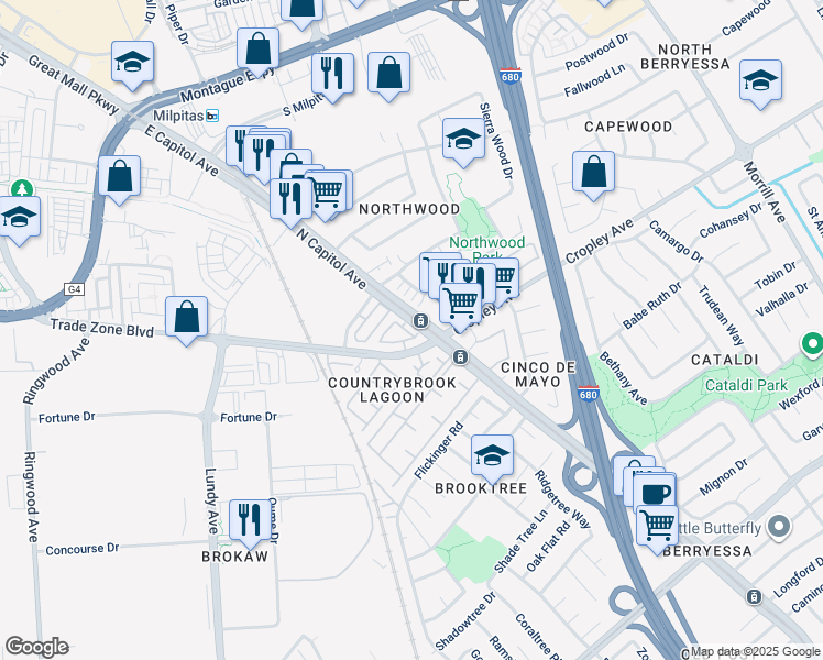 map of restaurants, bars, coffee shops, grocery stores, and more near 2509 Alveswood Circle in San Jose