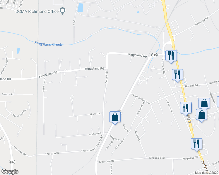 map of restaurants, bars, coffee shops, grocery stores, and more near 8721 Dorsey Road in Richmond
