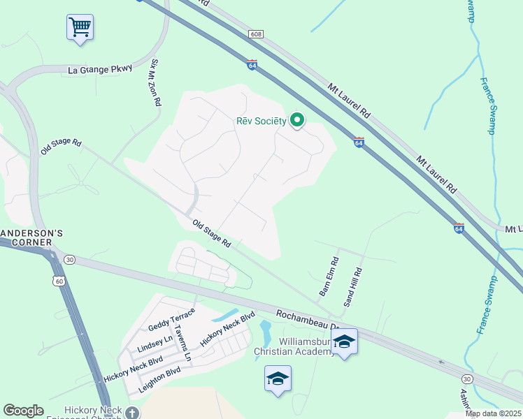 map of restaurants, bars, coffee shops, grocery stores, and more near 112 Joanne Court in Toano